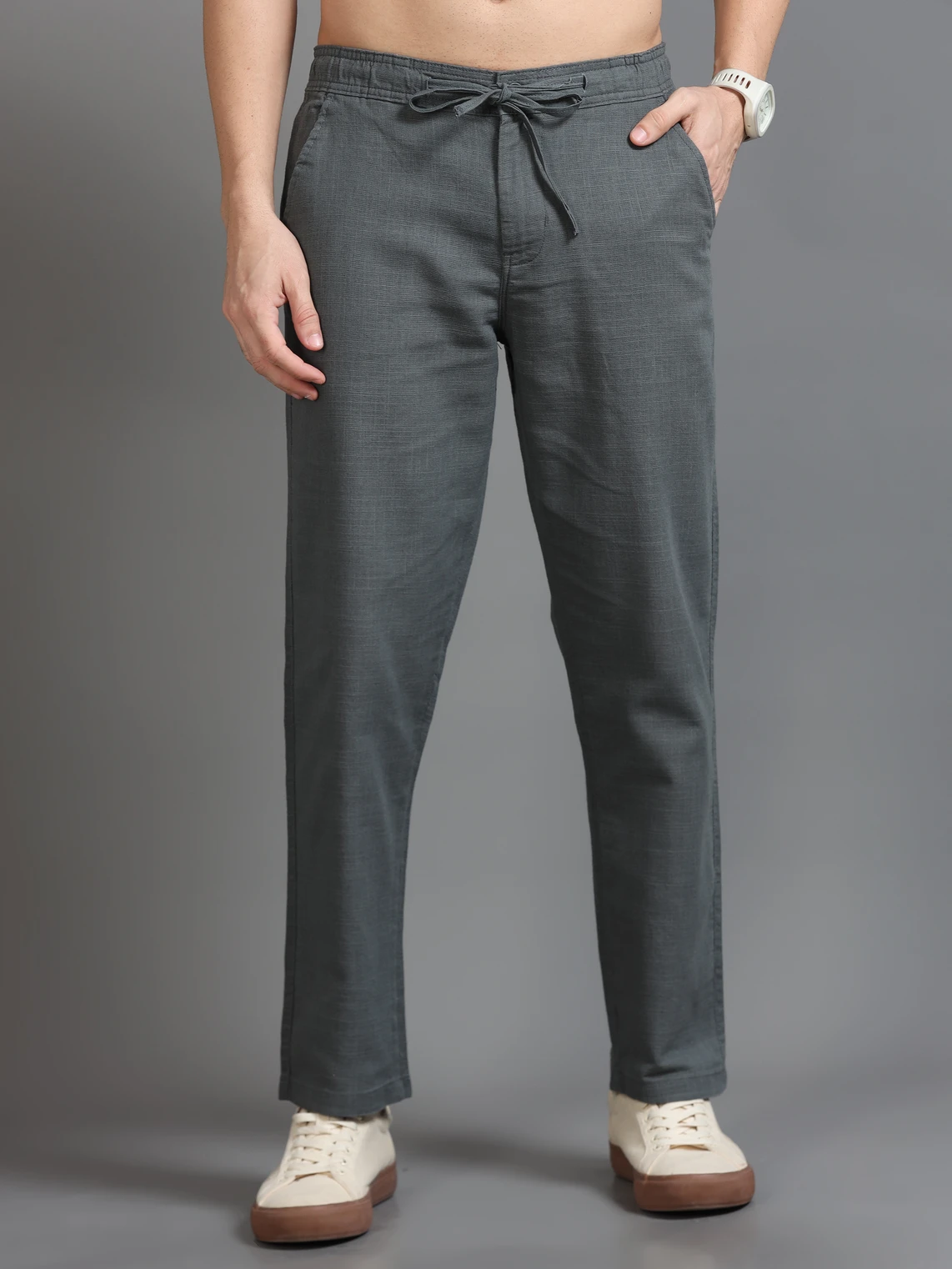 Men Relaxed Grey Pure Linen Trousers