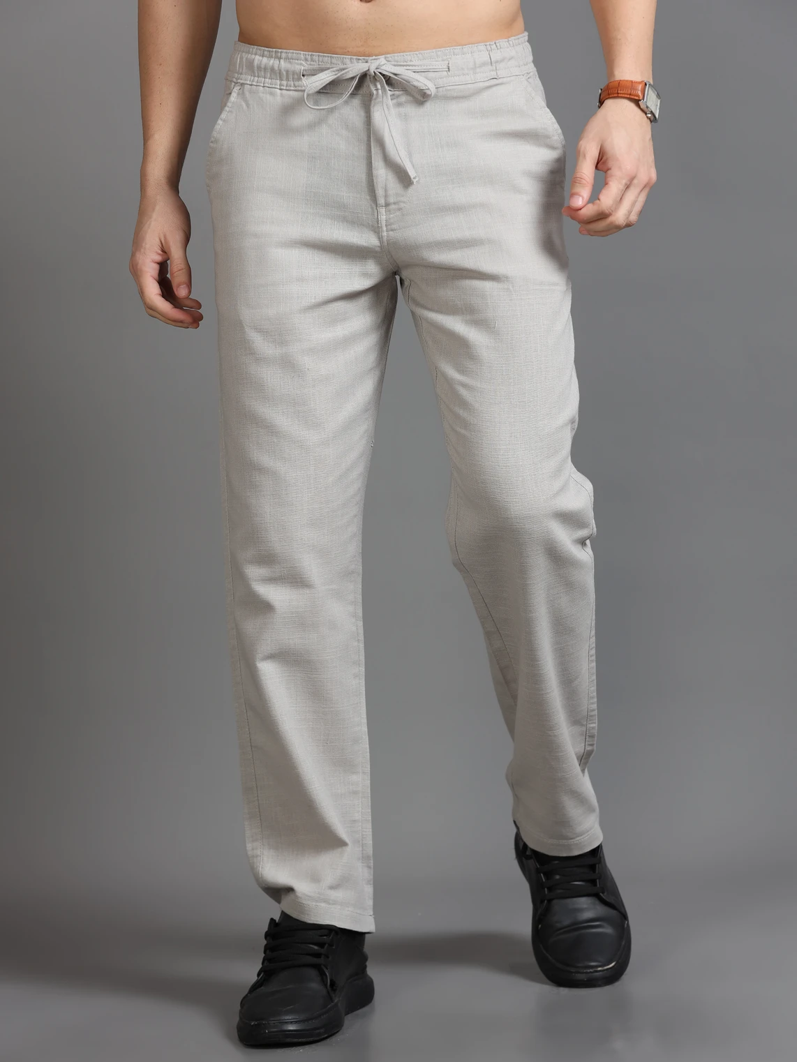 Men Relaxed Silver Pure Linen Trousers
