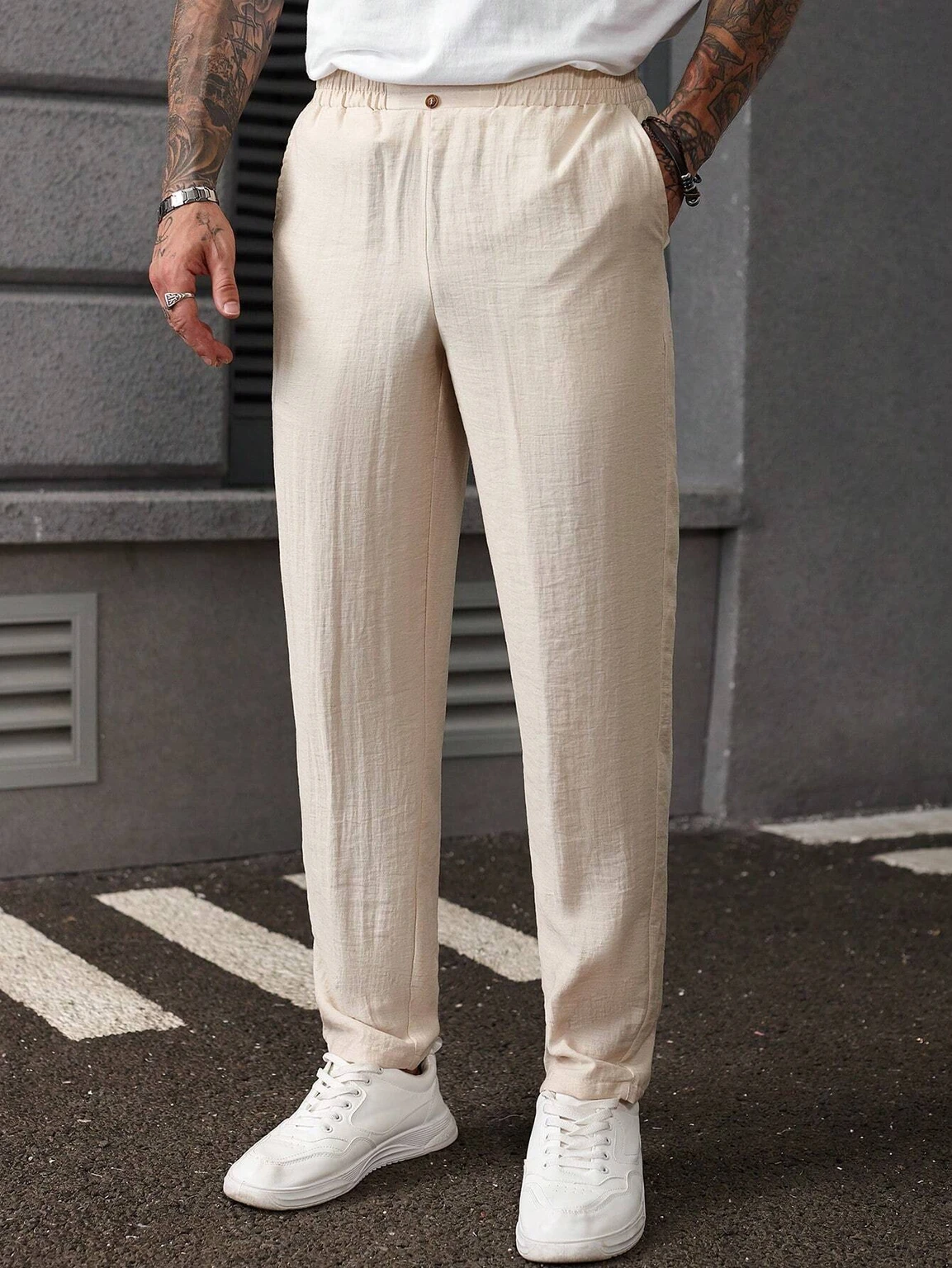 Zimist Men Regular Fit Cream Linen Blend Trousers