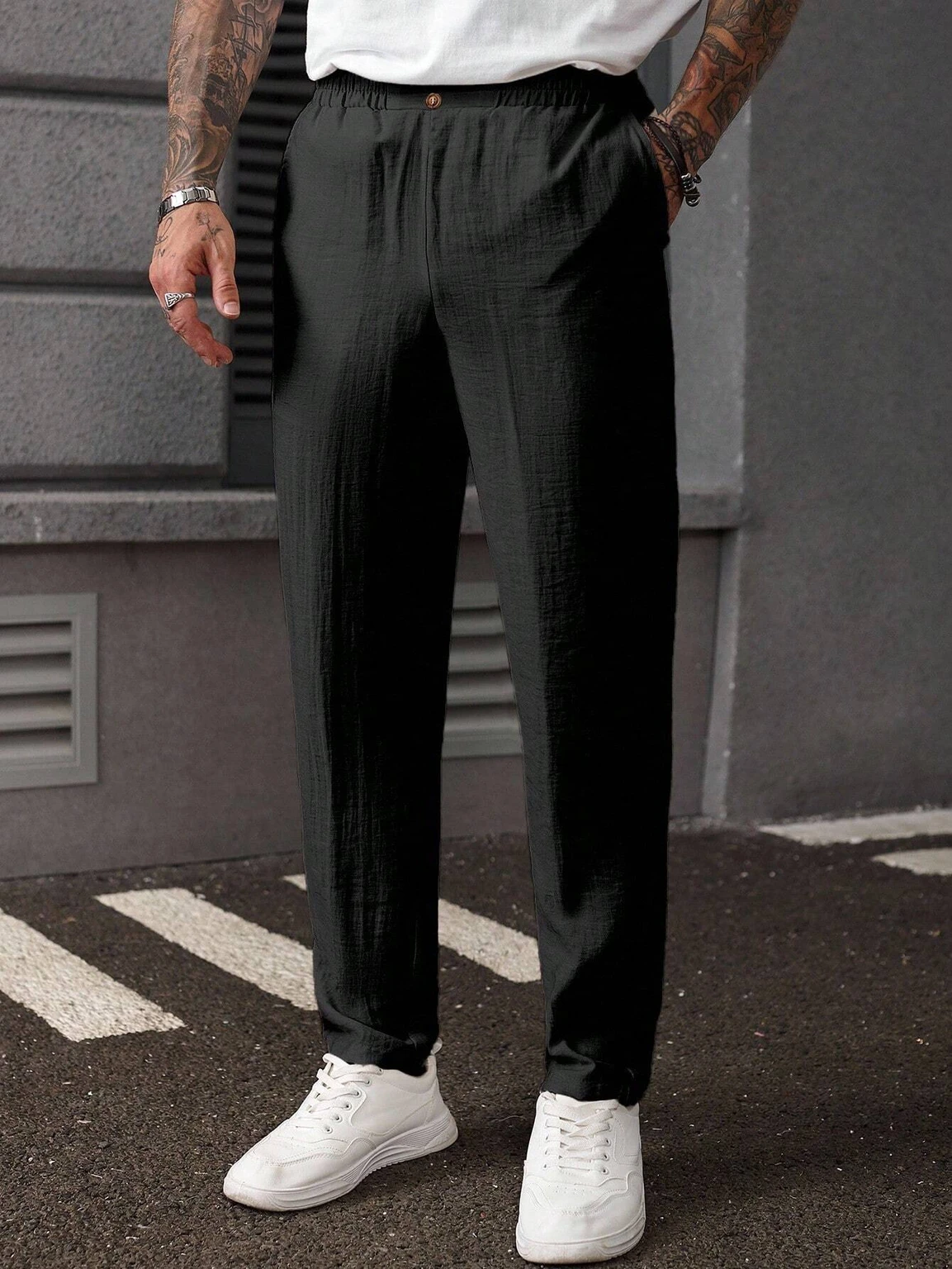 Zimist Men Regular Fit Black Linen Blend Trousers