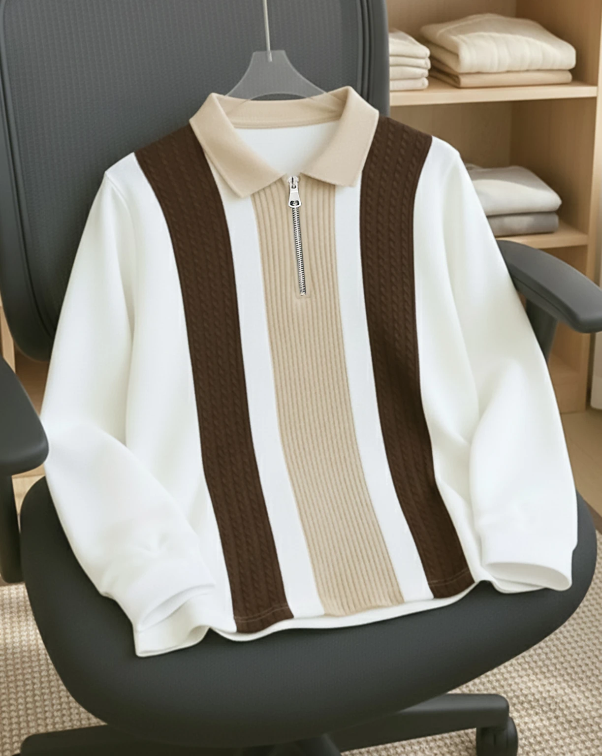 AUSK Men Striped Polo Neck Cotton Blend White, Beige T-Shirt