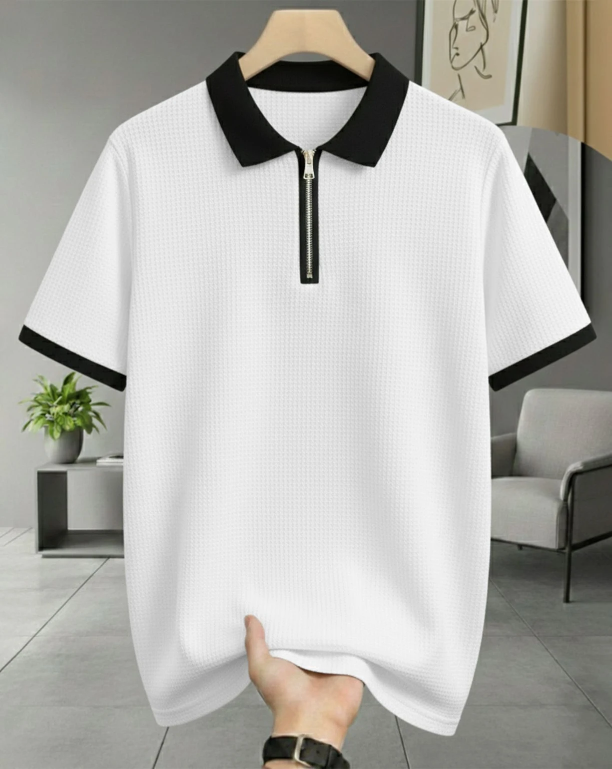 AOOSH Men Self Design Polo Neck Cotton Blend White, Black T-Shirt