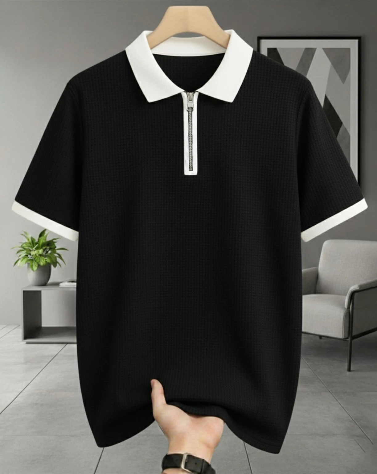 AOOSH Men Self Design Polo Neck Cotton Blend Black T-Shirt