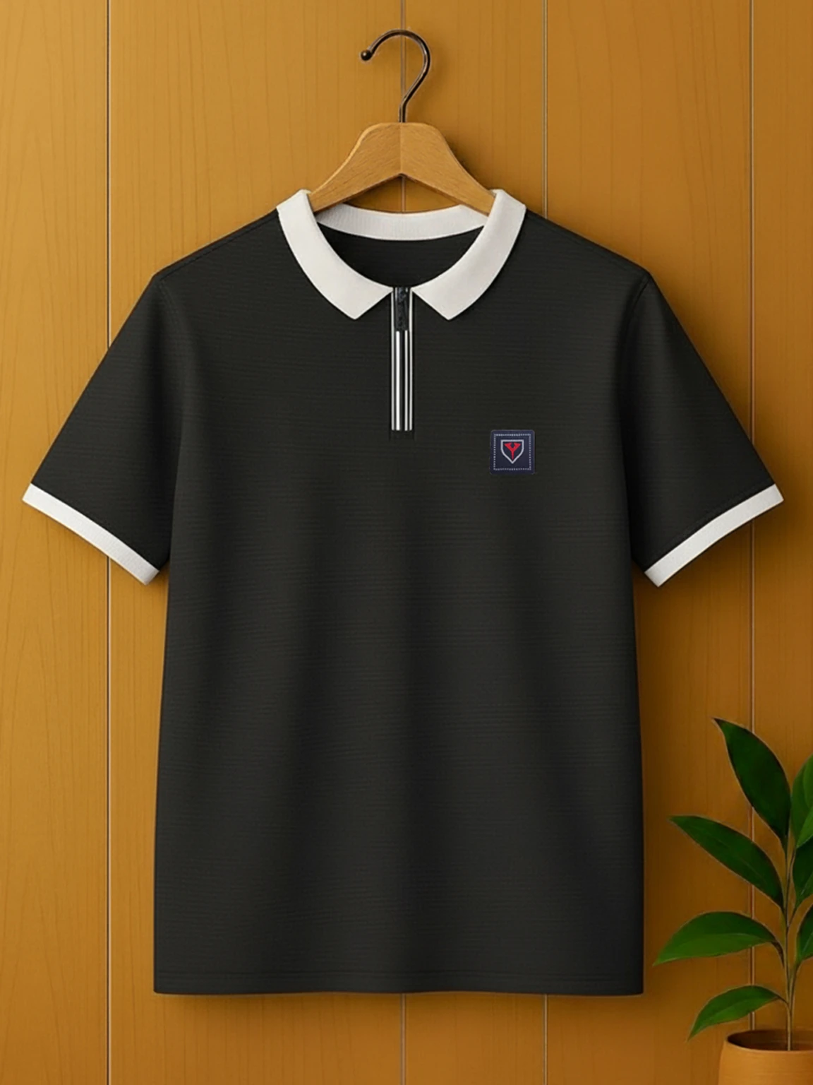 Yazole Men Printed Zip Neck Polycotton Black T-Shirt