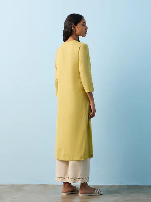 Utsa Lime Floral Embroidered A-Line Cotton-Blend Kurta