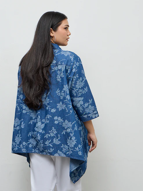 Diza Blue Floral Printed Denim Tunic