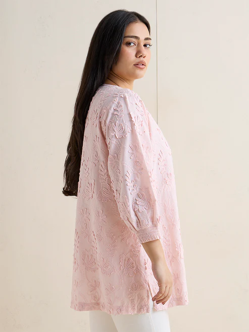 Diza Light Pink Floral Embroidered Cotton Tunic